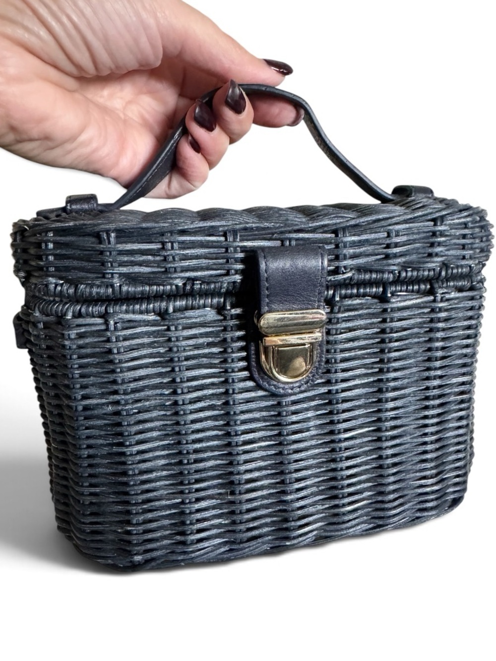 Draper James Navy Blue Wicker Top-Handle Box Bag with Gold Clasp